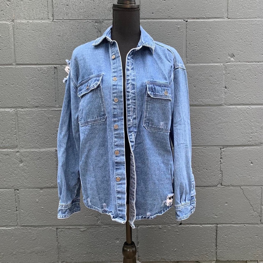 Blue ripped denim jean jacket